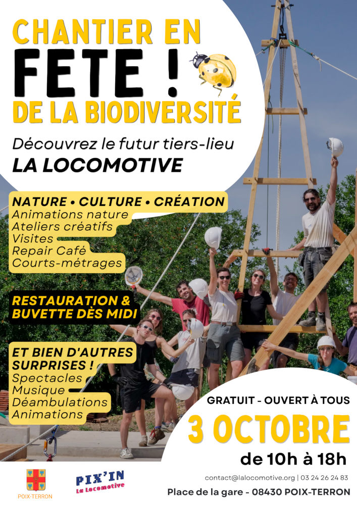 Affiche de l'événement présentant des gens regroupés autour d'un échafaudage en bois qui saluent le spectateur